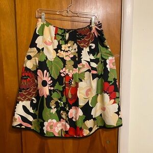 Talbots Black Floral Circle Skirt with Green and Pink Accents, Box Pleated Skirt